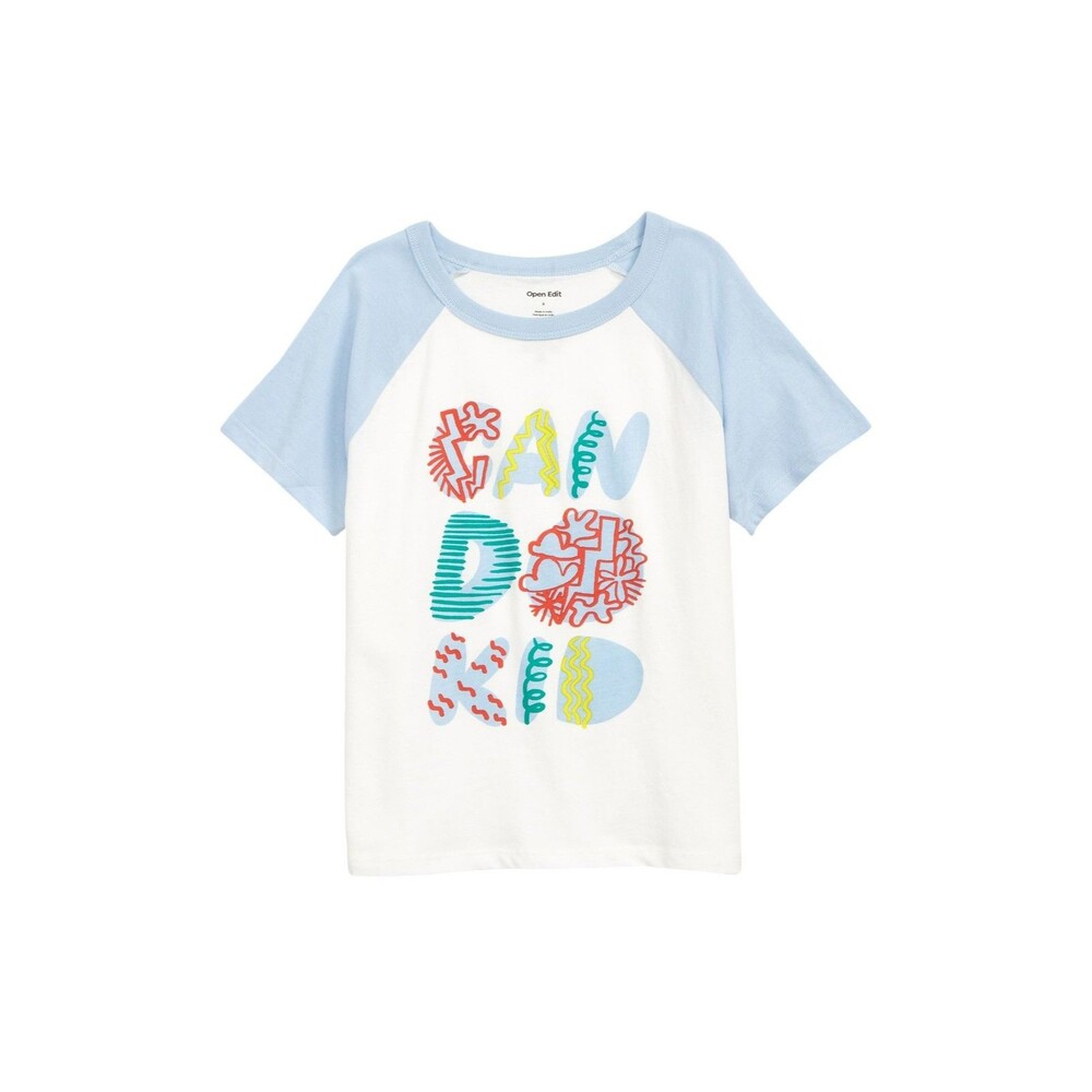 Open Edit Kids' Boxy Cotton Graphic Tee in Ivory Cloud- Blue Can Do Kid - Size 4